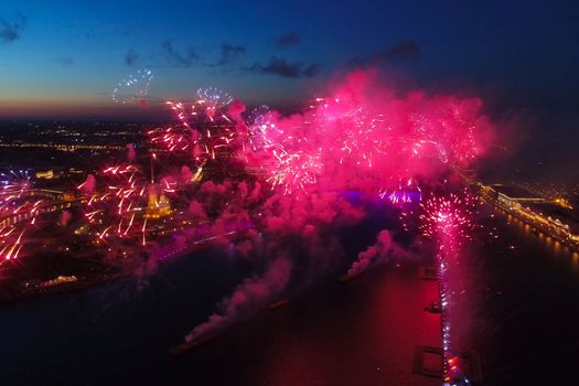 Salute Scarlet Sails. The festive salute is grandiose. Fireworks pyrotechnics.