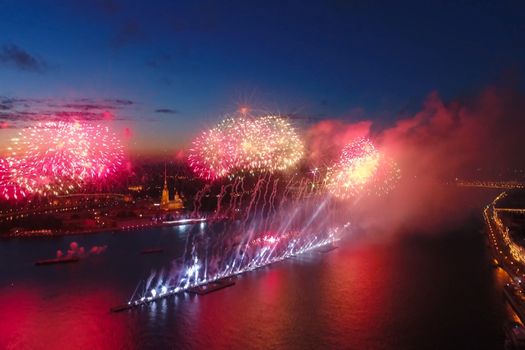 Salute Scarlet Sails. The festive salute is grandiose. Fireworks pyrotechnics.