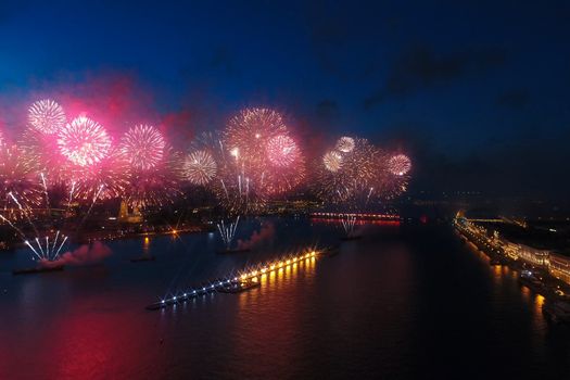 Salute Scarlet Sails. The festive salute is grandiose. Fireworks pyrotechnics.