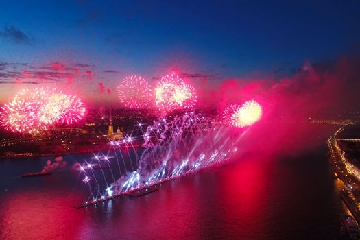 Salute Scarlet Sails. The festive salute is grandiose. Fireworks pyrotechnics.