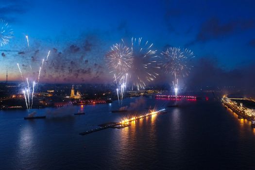 Salute Scarlet Sails. The festive salute is grandiose. Fireworks pyrotechnics.