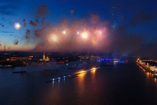 Salute Scarlet Sails. The festive salute is grandiose. Fireworks pyrotechnics.