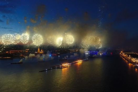 Salute Scarlet Sails. The festive salute is grandiose. Fireworks pyrotechnics.