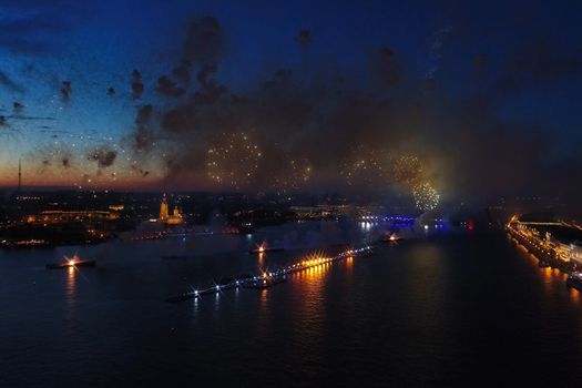 Salute Scarlet Sails. The festive salute is grandiose. Fireworks pyrotechnics.