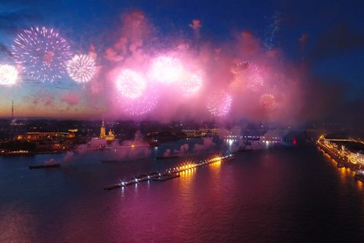 Salute Scarlet Sails. The festive salute is grandiose. Fireworks pyrotechnics.