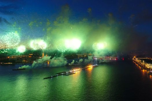 Salute Scarlet Sails. The festive salute is grandiose. Fireworks pyrotechnics.