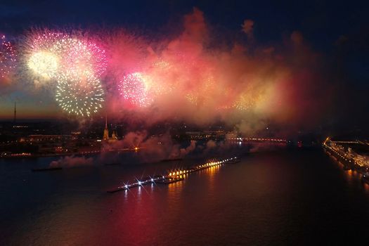 Salute Scarlet Sails. The festive salute is grandiose. Fireworks pyrotechnics.