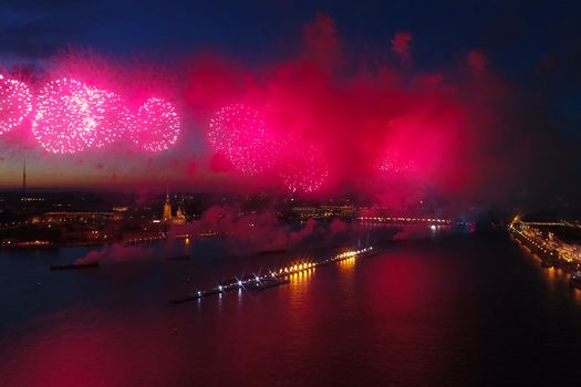 Salute Scarlet Sails. The festive salute is grandiose. Fireworks pyrotechnics.