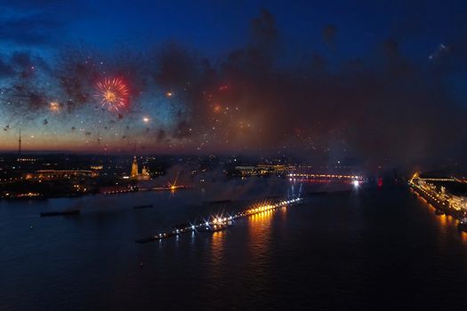 Salute Scarlet Sails. The festive salute is grandiose. Fireworks pyrotechnics.