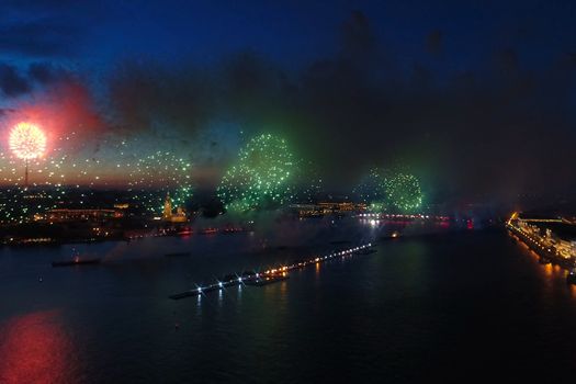 Salute Scarlet Sails. The festive salute is grandiose. Fireworks pyrotechnics.