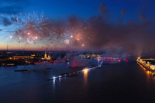 Salute Scarlet Sails. The festive salute is grandiose. Fireworks pyrotechnics.