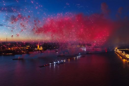 Salute Scarlet Sails. The festive salute is grandiose. Fireworks pyrotechnics.