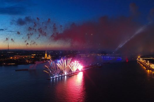 Salute Scarlet Sails. The festive salute is grandiose. Fireworks pyrotechnics.