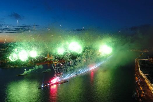 Salute Scarlet Sails. The festive salute is grandiose. Fireworks pyrotechnics.