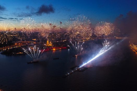 Salute Scarlet Sails. The festive salute is grandiose. Fireworks pyrotechnics.