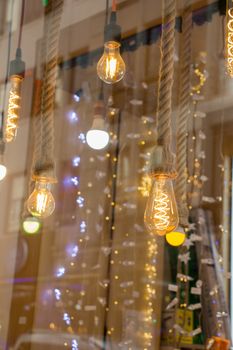 Decorative antique edison style filament light bulbs hanging