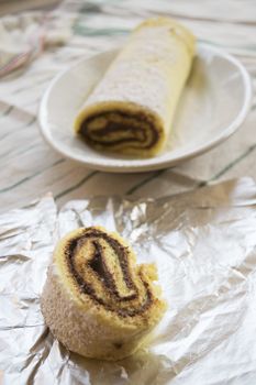 Swiss roll with melted chocolate filling 