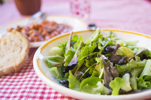 mixed salad made up of greens which grow wild and black olives