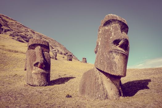 Moais statues on Rano Raraku volcano, easter island, Chile