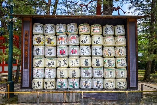 Traditional Kazaridaru barrels in Heian Jingu Shrine, Kyoto, Japan