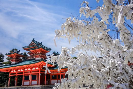 Omikuji tree Heian Jingu Shrine temple in Kyoto, Japan