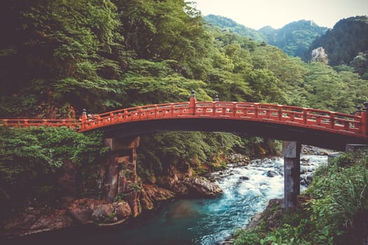 Futarasan jinja. Red wooden Shinkyo bridge, Nikko, Japan