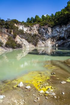 Steaming lake in Waiotapu geothermal area, Rotorua, New Zealand