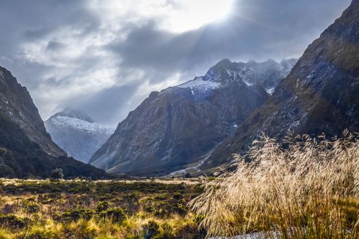 Fiordland national park stormy landscape, New Zealand southland