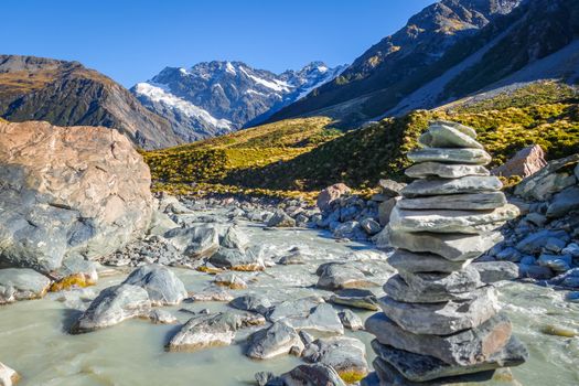 Cairn on Glacial river, Hooker Valley Track, Mount Cook, New Zealand