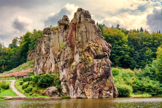 The Externsteine, striking sandstone rock formation in the Teutoburg Forest, Germany, North Rhine Westphalia