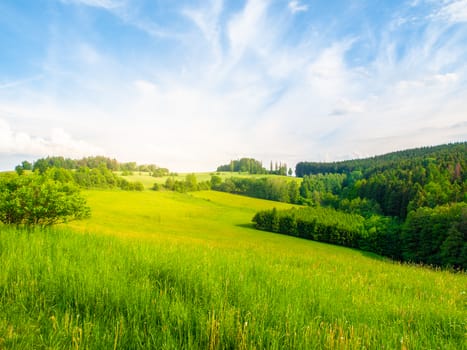 Summer landscape with lush green meadows, forest, blue sky, white clouds and bright shining sun, Czech Republic.