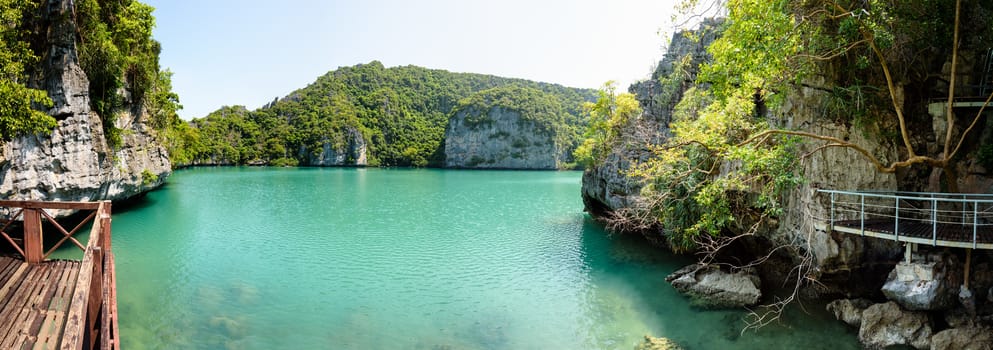 Panorama Thale Nai view Blue Lagoon (Emerald Lake) beautiful nature landscape green sea in the middle of mountain at Koh Mae Ko island viewpoint in Mu Ko Ang Thong National Park, Surat Thani, Thailand