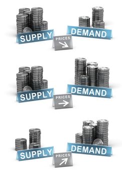 3D illustration of supply and demand principle. Generic coins over white background with prices directions