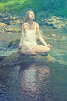 Woman Yoga Meditation Nature Water River