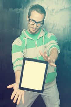 Good Looking Young Nerd Smart Guy Man Using Tablet Computer