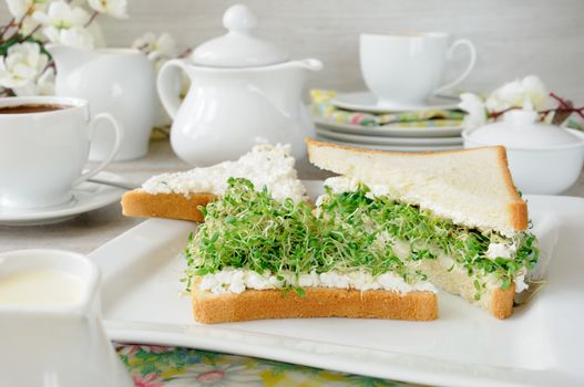 A sandwich of tender, juicy sprouted alfalfa sprouts with soft ricotta and a cup of coffee or tea, which may be better for a break