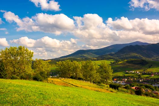 beautiful landscape in mountains. trees on the grassy hills of the Volovets serpentine. village at the foot of the mountain. lovely cloud formation over the ridge on a sunny afternoon