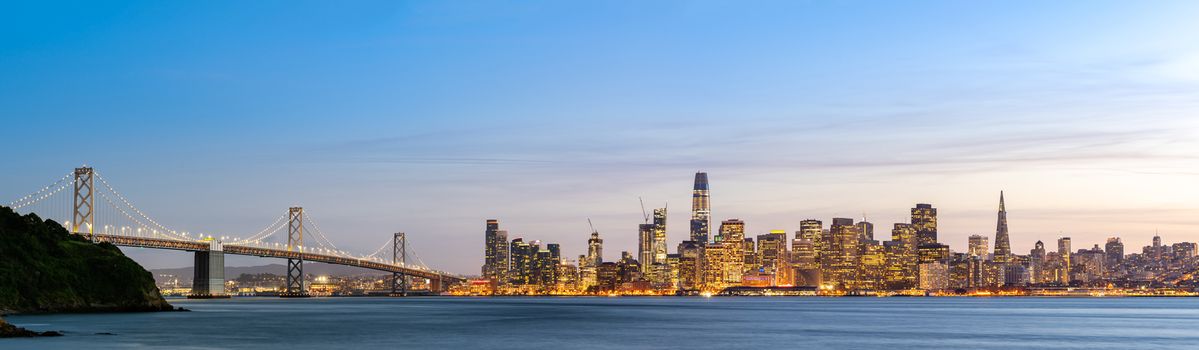 San Francisco downtown skyline at dusk from Treasure Island, California, sunset, USA. Panorama