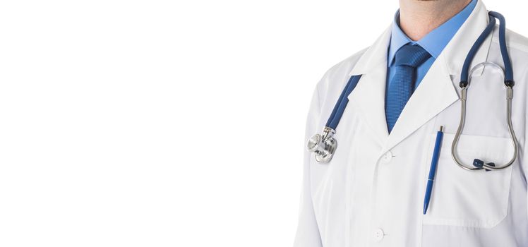 Close up view of male doctor in white coat and stethoscope isolated on white background with copy space