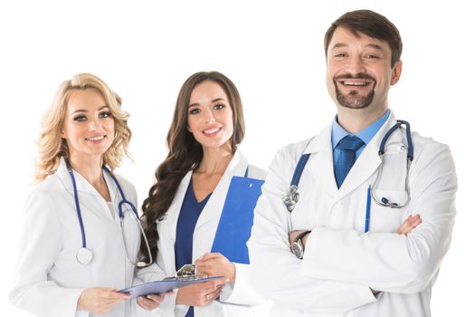 Group portrait of confident happy doctors isolated on white background