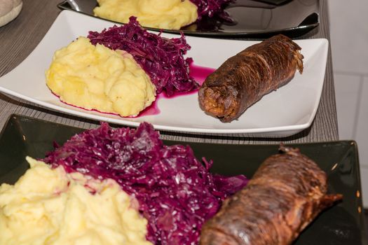 Beef roulade with red cabbage and mashed potatoes