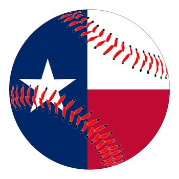 A new white baseball with red stitching with the Texas flag overlay isolated on white