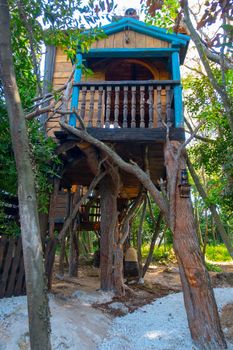 Fantasy tree house for children, playing outdoors in the garden, backyard, hobbit hole, fantasy house on trees