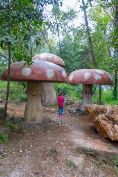 Gigantic red wooden mushrooms on a playground in woods