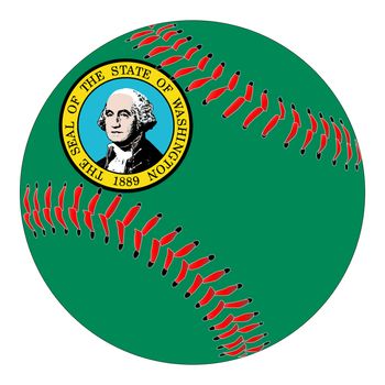 A new white baseball with red stitching with the Washington state flag overlay isolated on white