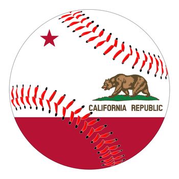 A new white baseball with red stitching with the California state flag overlay isolated on white
