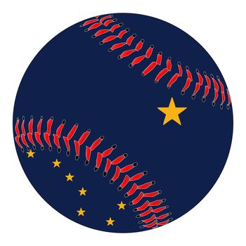 A new white baseball with red stitching with the Alaska state flag overlay isolated on white