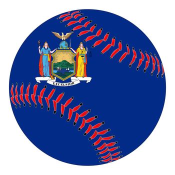 A new white baseball with red stitching with the New York state flag overlay isolated on white