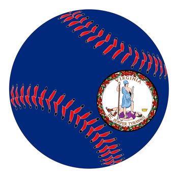 A new white baseball with red stitching with the Virginia state flag overlay isolated on white