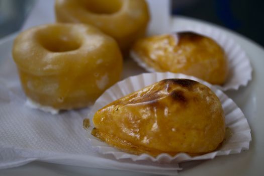 Typical Portuguese desserts with egg cream and icing of sugar